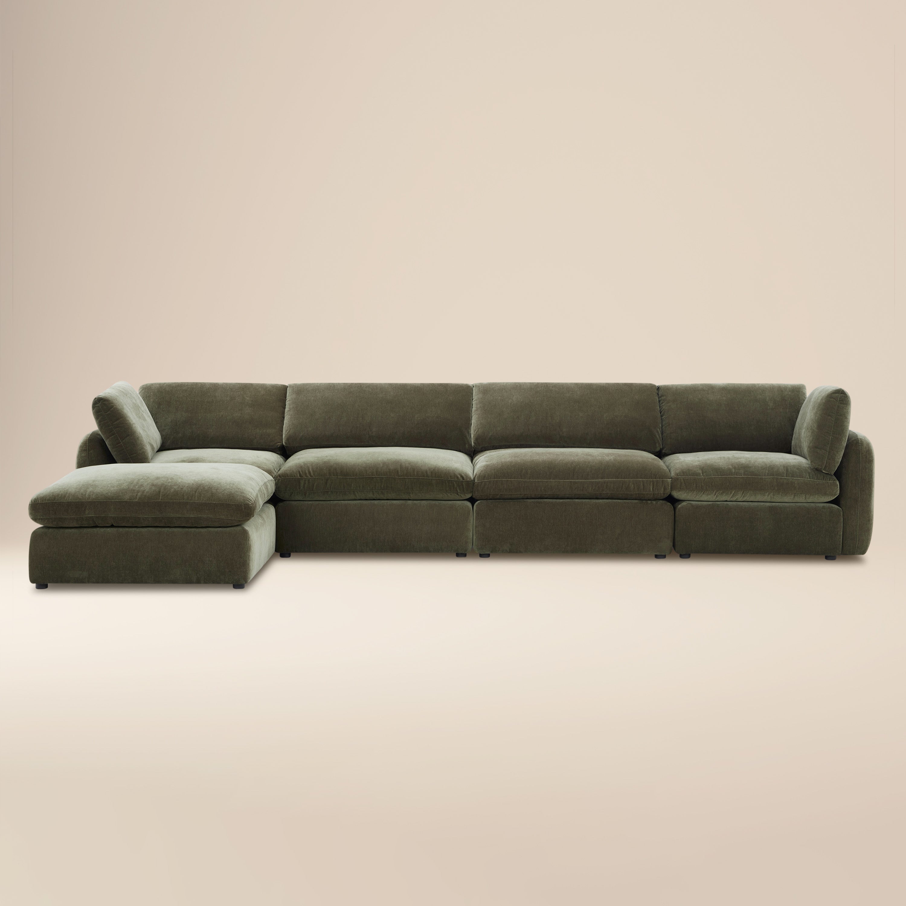 Divano componibile a 5 posti a L Tonga con pouf reversibile | Verde Lume